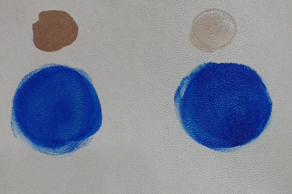 塗布直後 左上：水　　右上：ローション  左下：水で薄めたクリーム  右下：ローションで薄めたクリーム